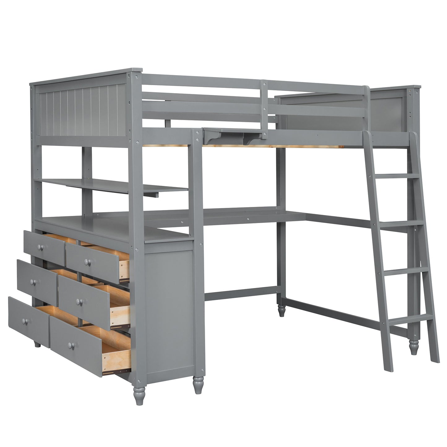 Full Size Loft Bed With Drawers And Desk With Shelves - Gray