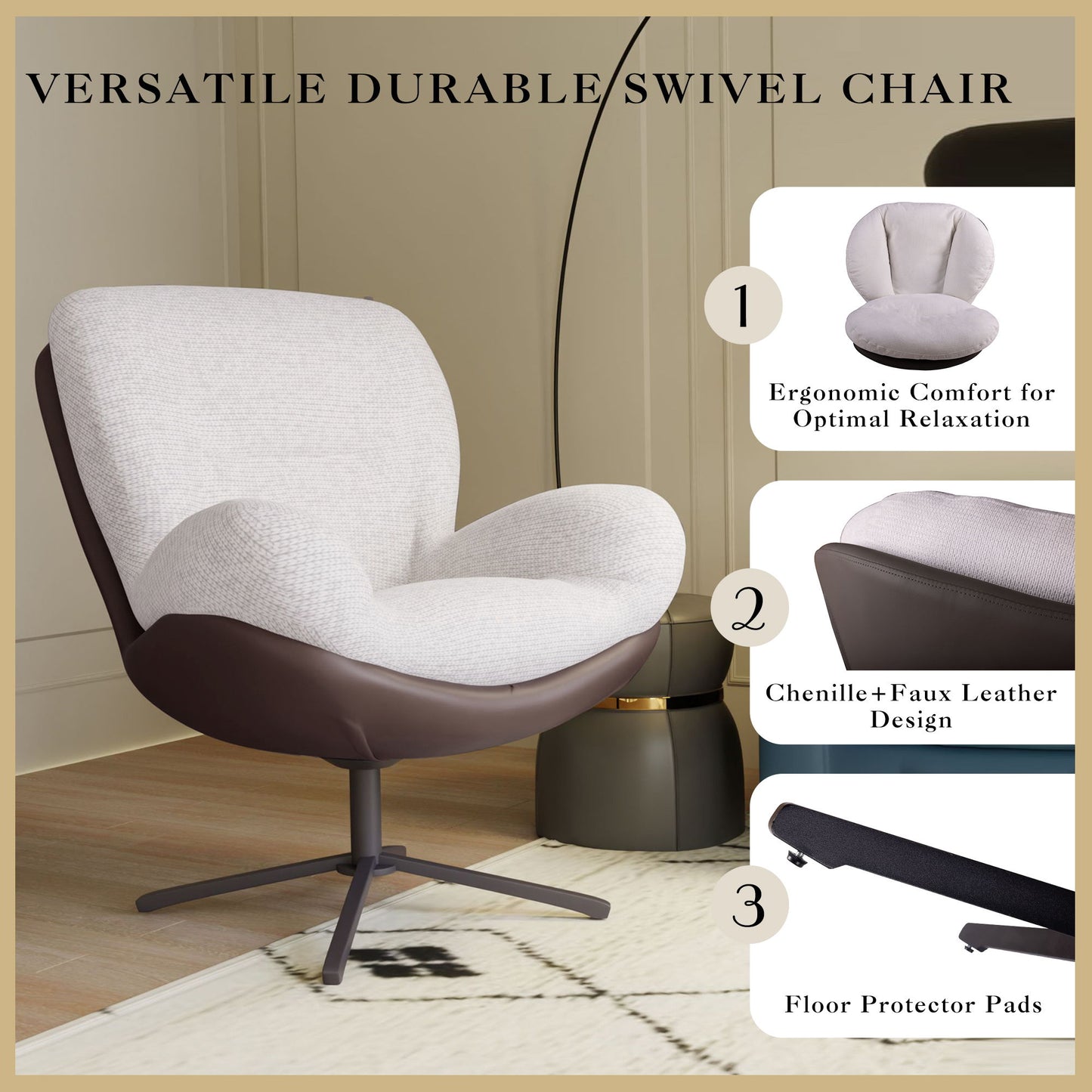 360ÔøΩÔøΩ Swivel Office Chair, Modern Chenille Chair With And Metal Base Frame, No Wheels, Accent Chair - White