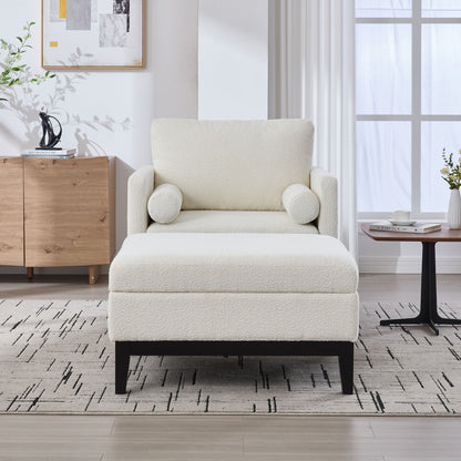 Farmhouse Upholstered Accent Chair With Ottoman, Wood Base, Reversible Lid Coffee Table For Living Room Or Office - Ivory