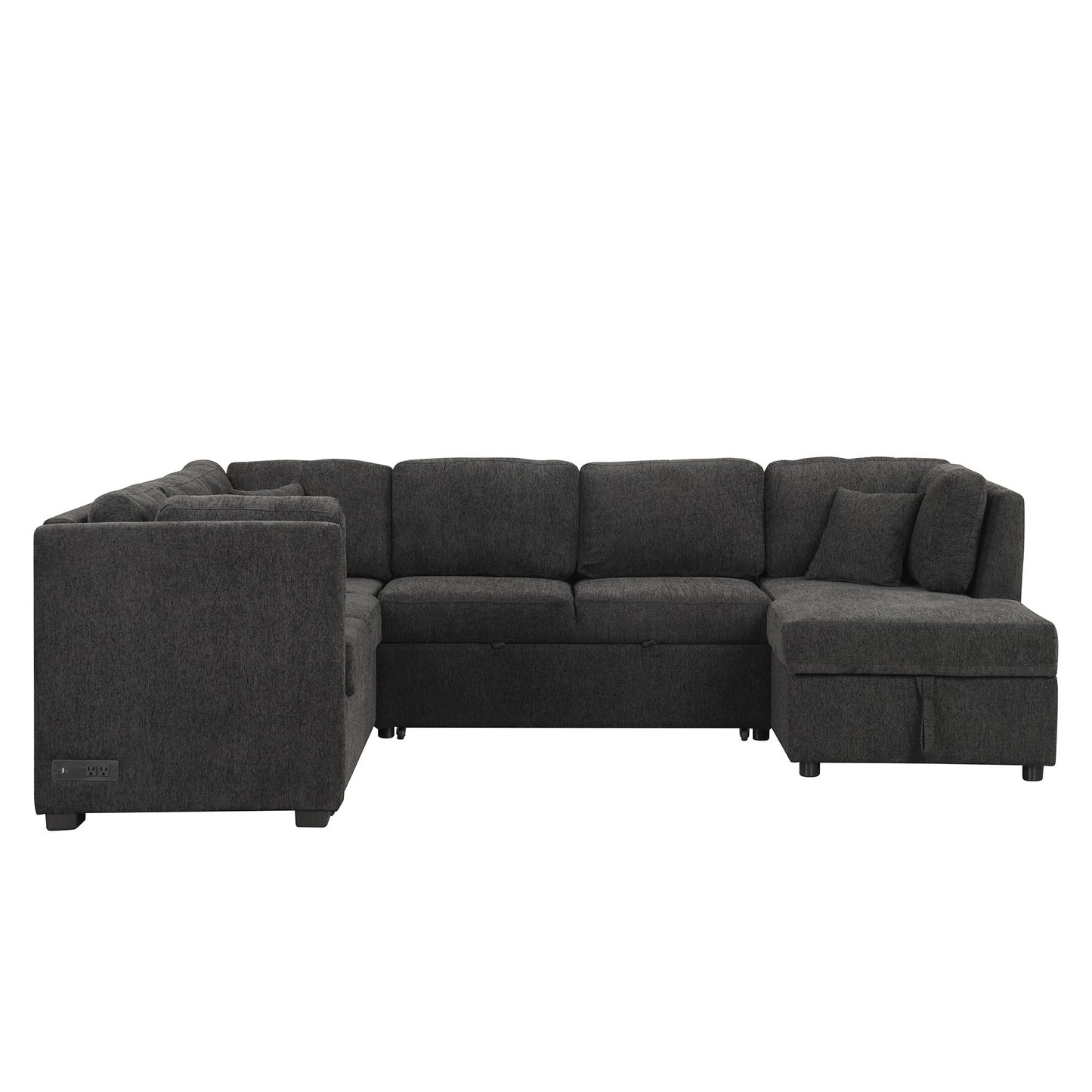 U-Shaped Sectional Sofa Pull Out Sofa Bed With Two USB Ports, Two Power Sockets, Three Back Pillows And A Storage Chaise For Living Room - Black