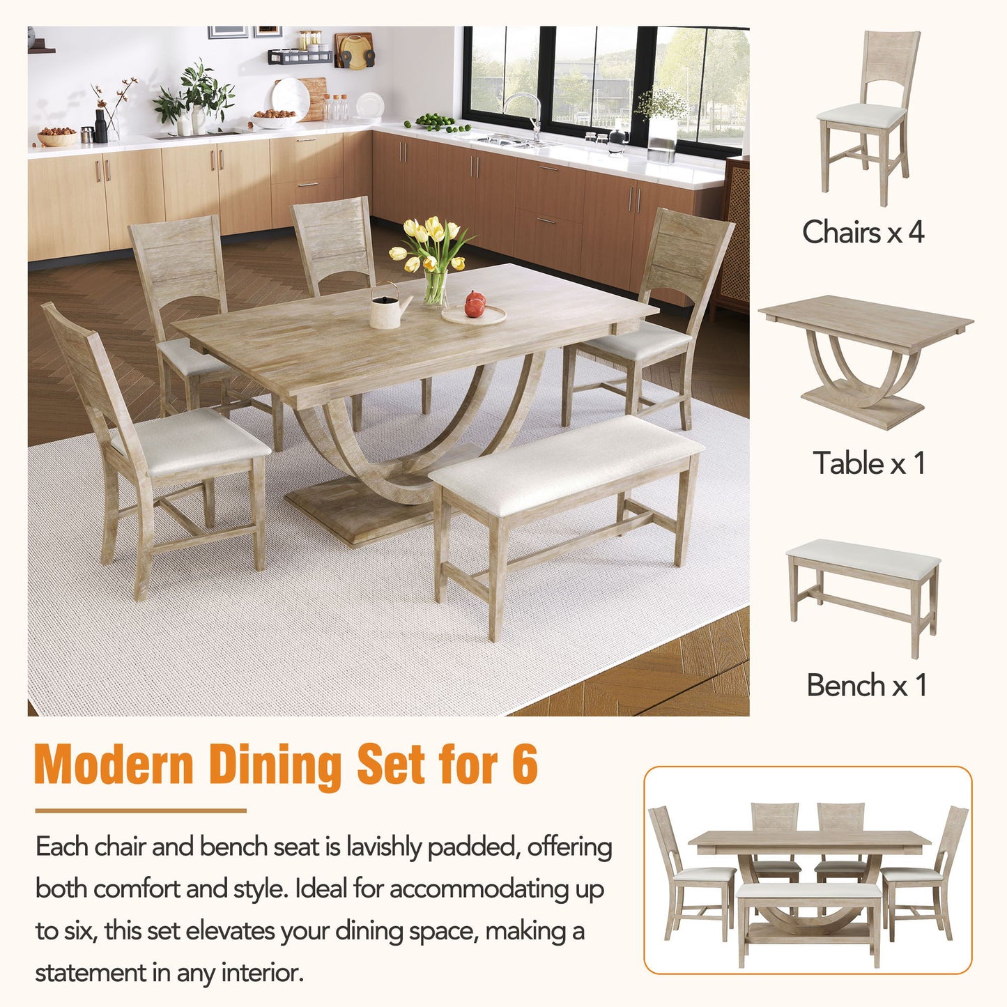 Topmax - 6 Piece Wood Half Round Dining Table Set Kitchen Table Set With Long Bench And 4 Dining Chairs, Modern Style - Natural