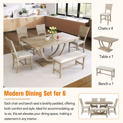 Topmax - 6 Piece Wood Half Round Dining Table Set Kitchen Table Set With Long Bench And 4 Dining Chairs, Modern Style - Natural