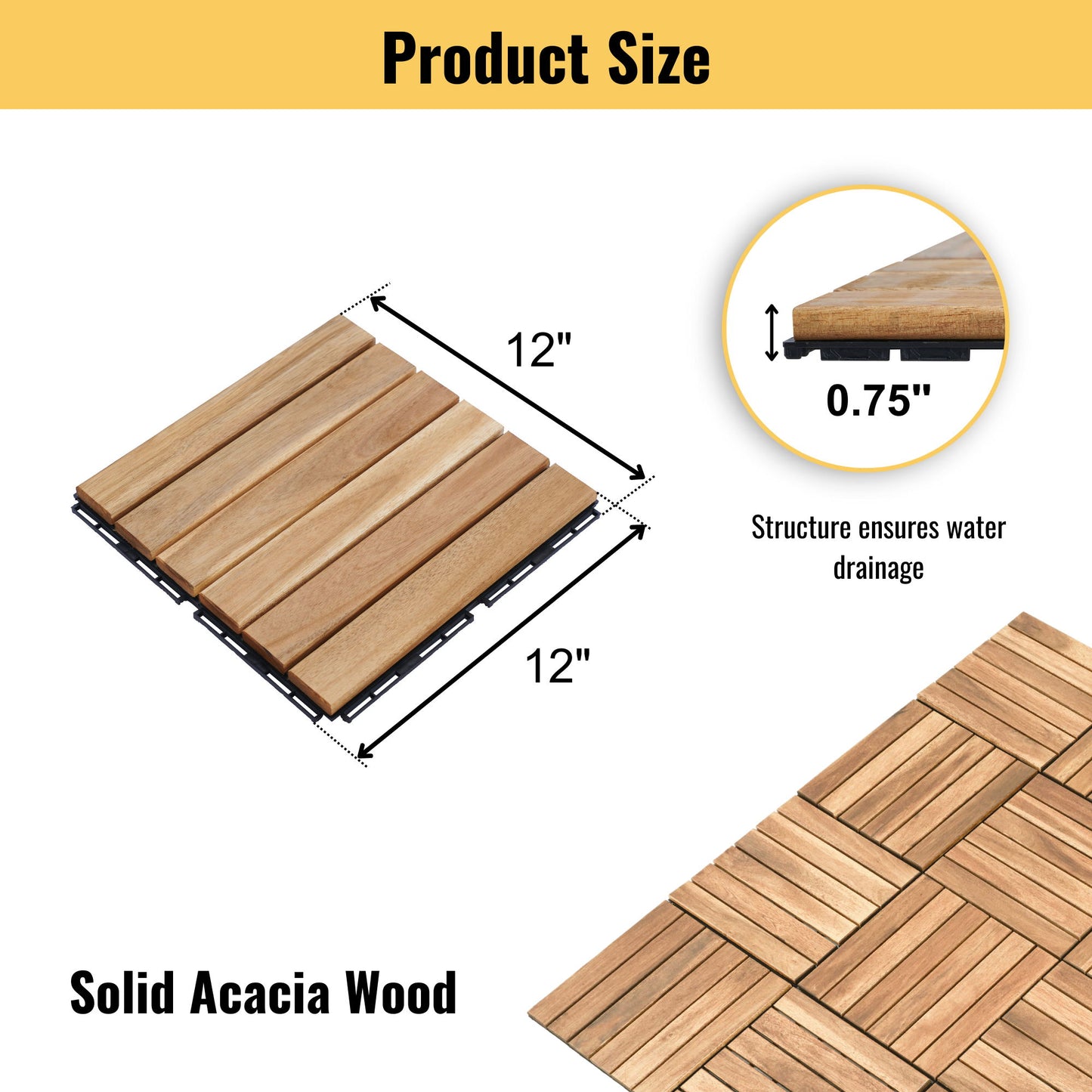10 Piece Interlocking Deck Tiles Striped Pattern, Square Acacia Hardwood Outdoor Flooring For Patio, Bancony, Pool Side - Yellow