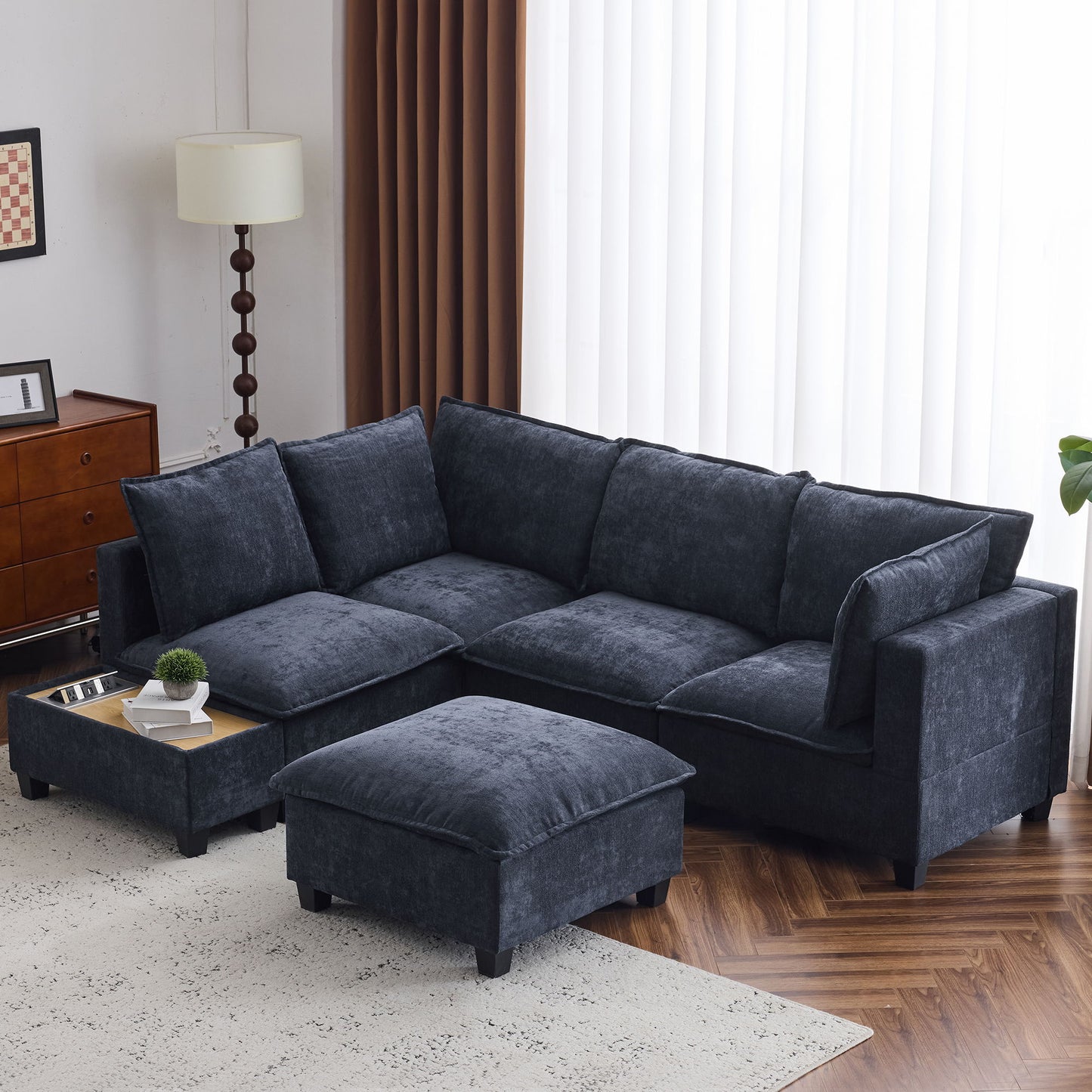 U - Shaped Sectional Sofa Modular Sofa Couch With A Movable Ottoman, A Coffee Table With Hidden Charging Devices For Living Room - Blue