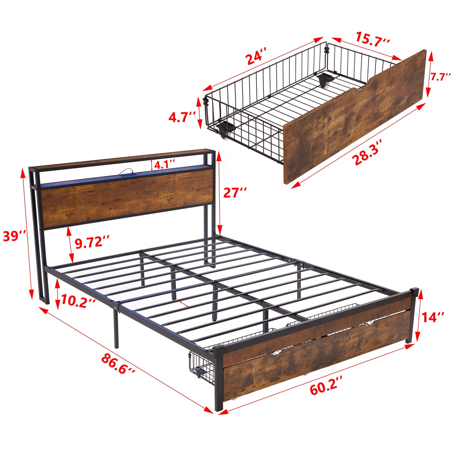 Queen Size Modern Metal Platform Bed Frame With Wooden Headboard And Footboard, USB Charging Station, LED Lights, And 2 Drawers, No Box Spring Needed - Brown / Black