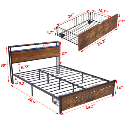 Queen Size Modern Metal Platform Bed Frame With Wooden Headboard And Footboard, USB Charging Station, LED Lights, And 2 Drawers, No Box Spring Needed - Brown / Black