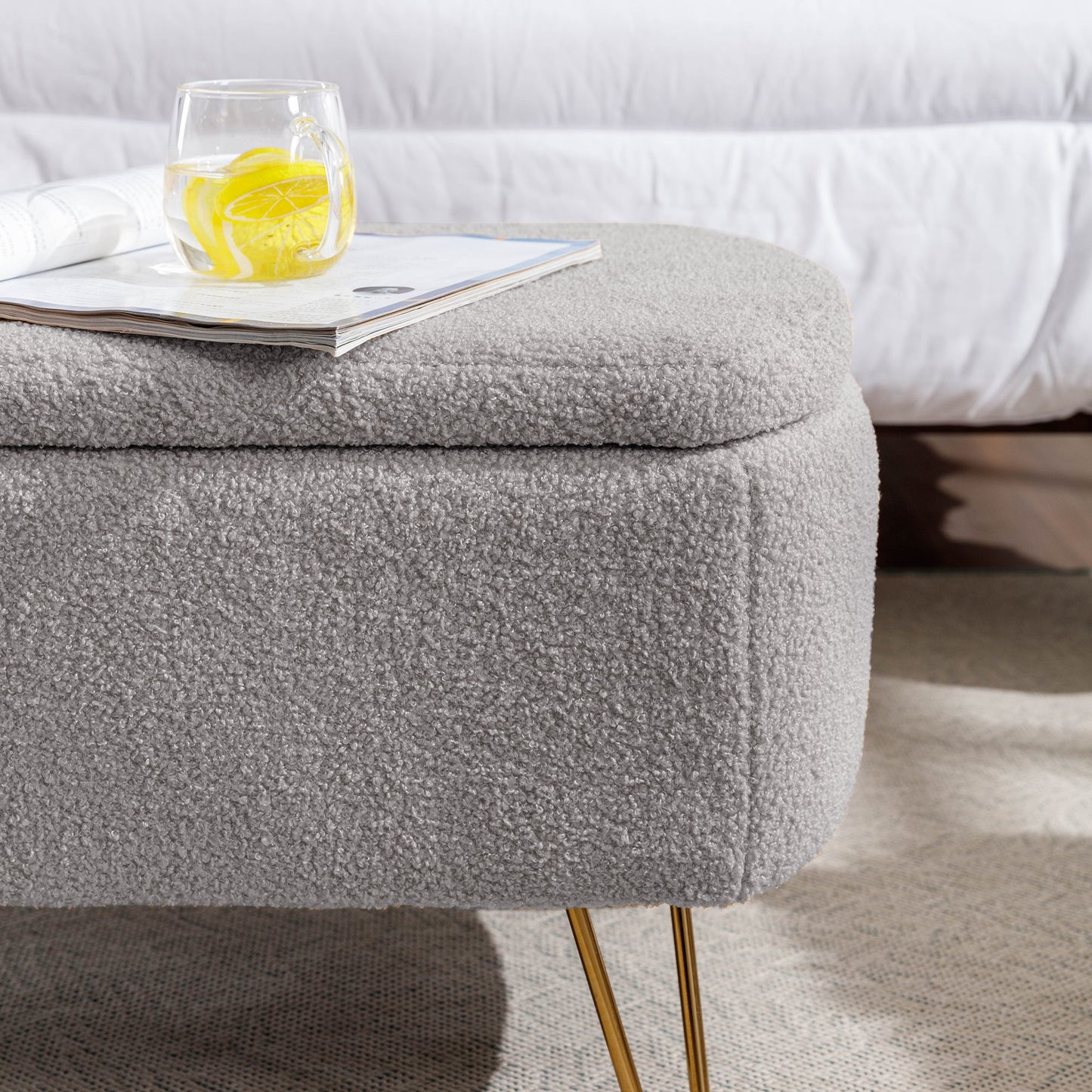Storage Ottoman Bench For End Of Bed Gold Legs, Modern Gray Faux Fur Entryway Bench Upholstered Padded With Storage For Living Room Bedroom - Gray