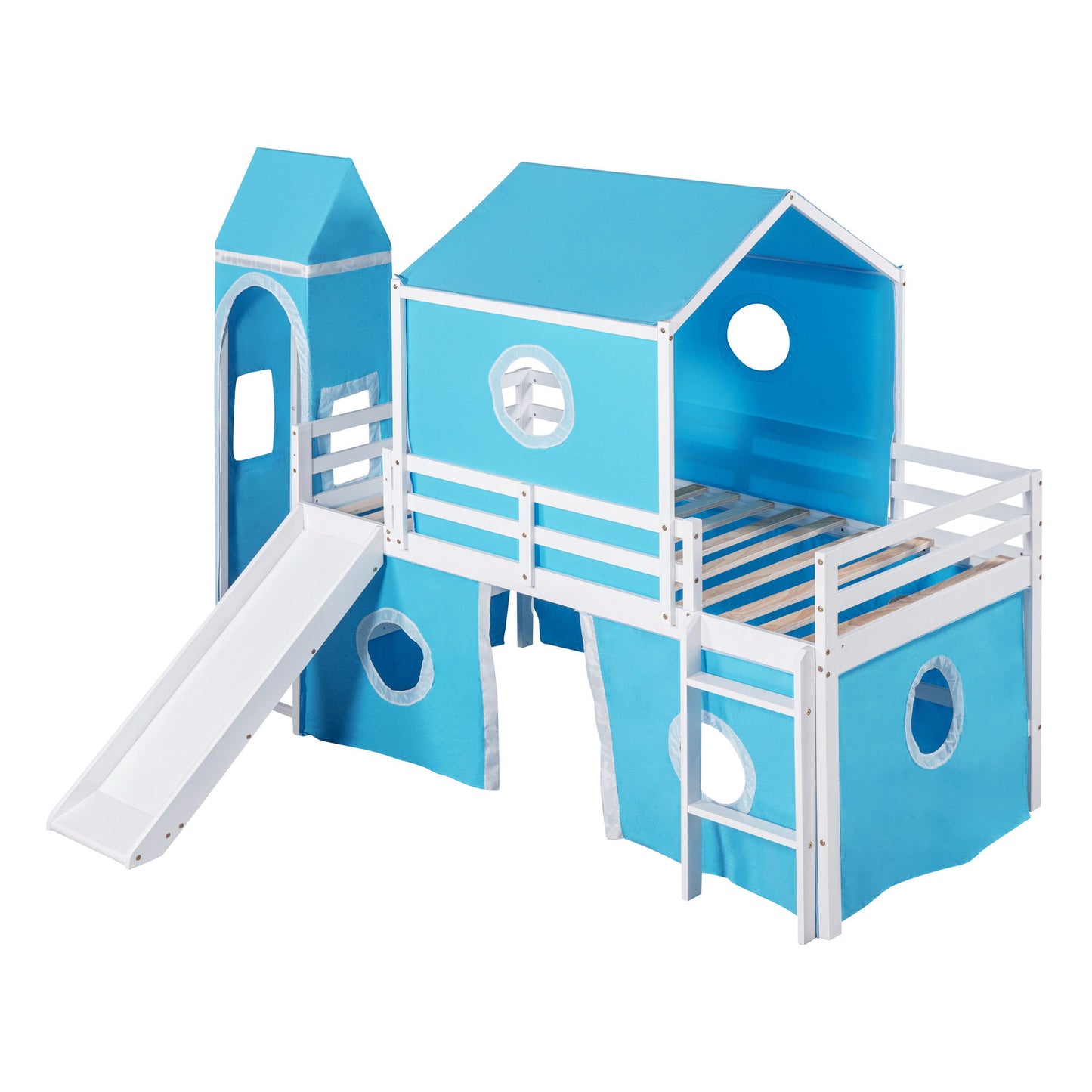Twin Size Loft Bed With Slide Blue Tent And Tower - Blue