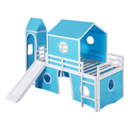 Twin Size Loft Bed With Slide Blue Tent And Tower - Blue