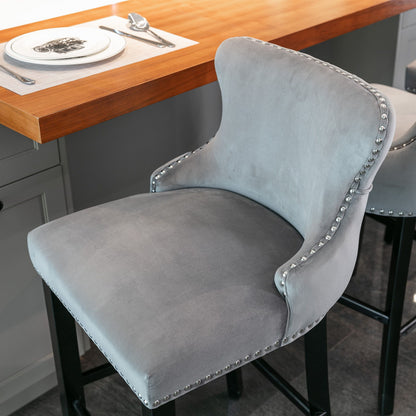 Contemporary Velvet Upholstered Wing-Back Barstools With Button Tufted Decoration And Wooden Legs, And Chrome Nailhead Trim, Leisure Style Bar Chairs, Bar Stools (Set of 4) - Gray