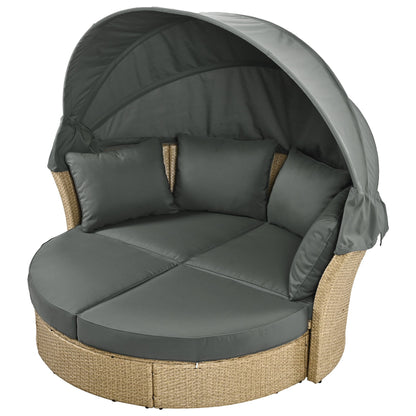 Outdoor Patio Daybed Wicker Rattan Double Daybed Round Sofa Furniture Set With Retractable Canopy, 4 Pillows For Lawn Garden Backyard Porch Pool - Gray