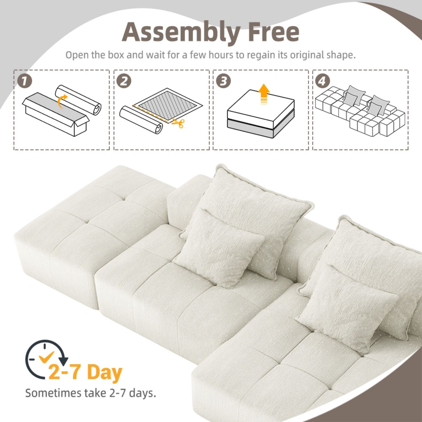 Modern Oversized Modular Sectional Sofa With Ottoman, Seat, Chaise Lounge And Armrest, Sparkling Chenille Fabric Soft Cushion Sofa With 4 Pillows, 4 Pieces Diy Combination Tufted Sofa, No Assembly Required - Beige