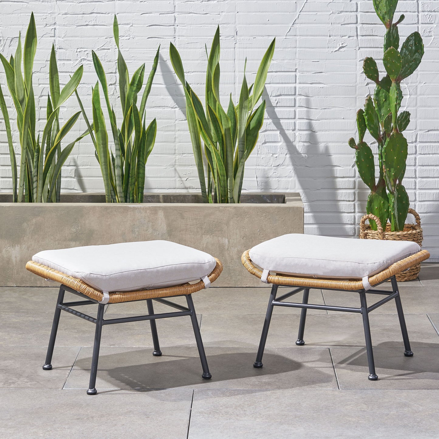 Outdoor Modern Boho Wicker Ottoman With Cushions (Set of 2) - Beige / Brown