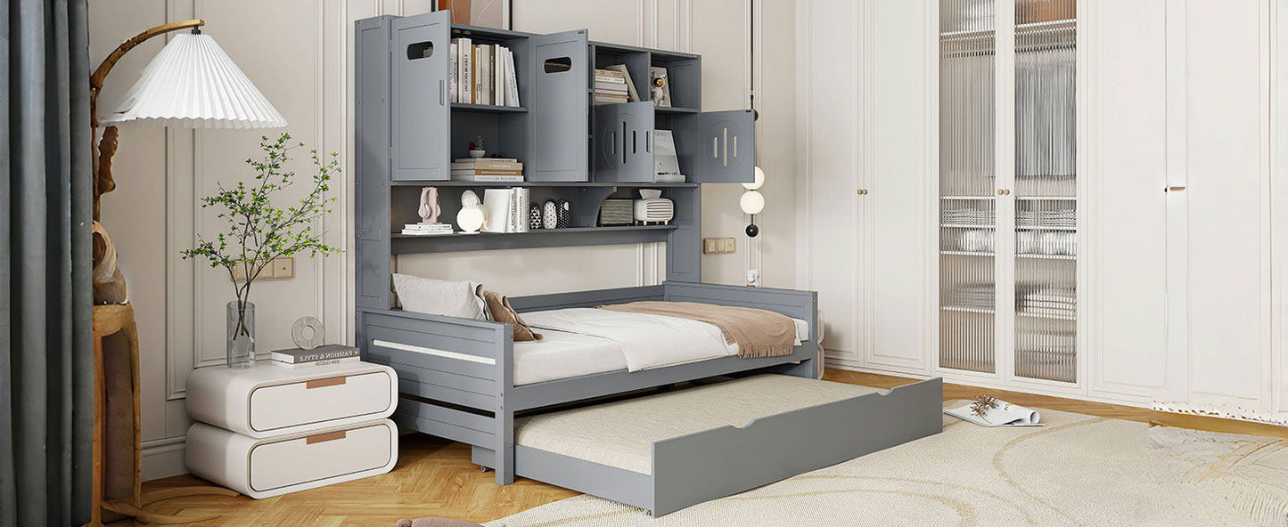 Twin Size Daybed With Twin Size Trundle, And All In One Cabinet And Shelf - Gray
