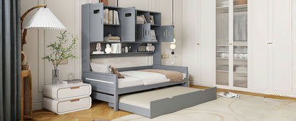 Twin Size Daybed With Twin Size Trundle, And All In One Cabinet And Shelf - Gray