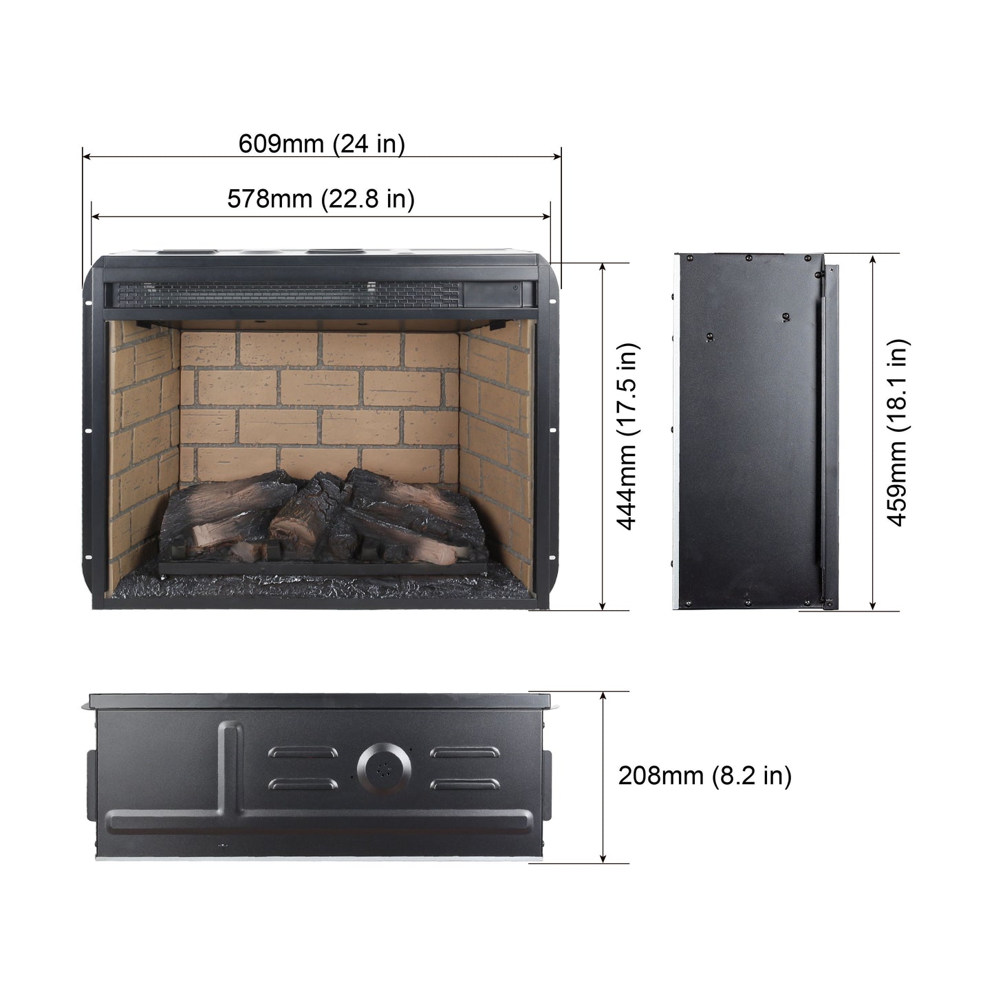 23" Infrared Quartz Heater Fireplace Insert -Woodlog Version With Brick - Antique Black