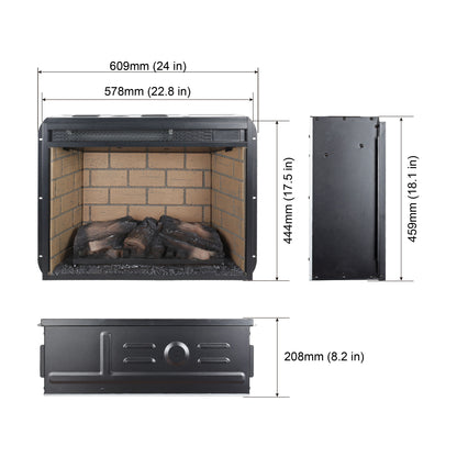 23" Infrared Quartz Heater Fireplace Insert -Woodlog Version With Brick - Antique Black