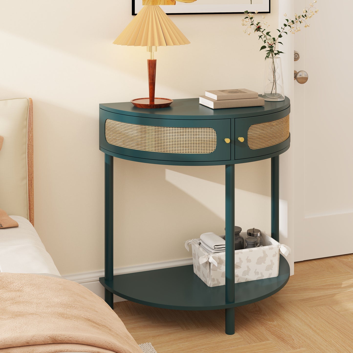 Boho Rattan Semi Circle End Table With Sliding Rattan Door, Elegant Entryway Console With Storage And Bottom Shelf - Antique Green