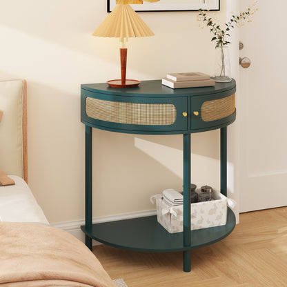 Boho Rattan Semi Circle End Table With Sliding Rattan Door, Elegant Entryway Console With Storage And Bottom Shelf - Antique Green