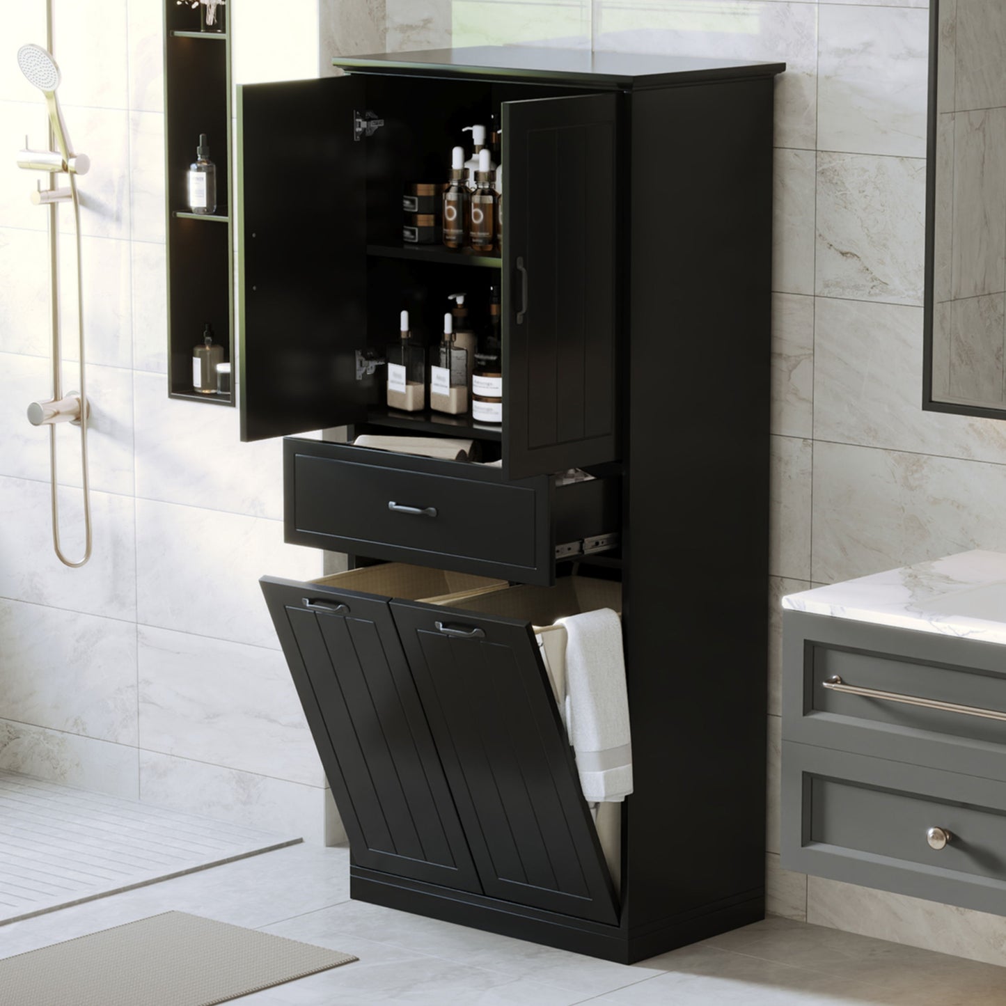 Stylish Bathroom Storage Cabinet With 2 Laundry Baskets And Drawer - Black