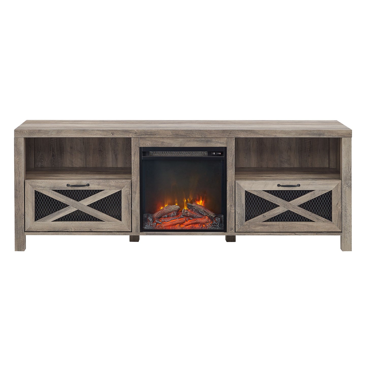 Industrial Farmhouse Metal Mesh Drop Down X Door 70" Fireplace TV Stand For 80" TVs - Gray Wash