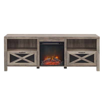 Industrial Farmhouse Metal Mesh Drop Down X Door 70" Fireplace TV Stand For 80" TVs - Gray Wash