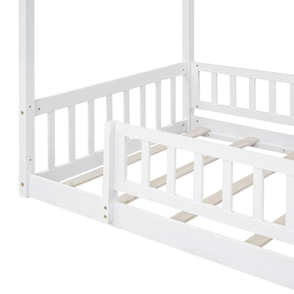 Twin Size Bed House Bed Frame & Fence - White