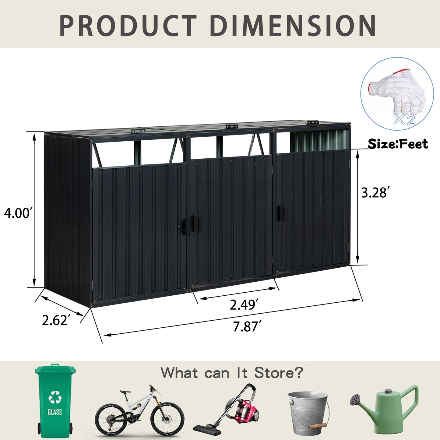 Garbage Bin Shed Stores 3 Trash Cans Metal Outdoor Bin Shed For Garbage Storage, Stainless Galvanized Steel, Bin Shed For Garden Yard Lawn W540S00009 - Charcoal