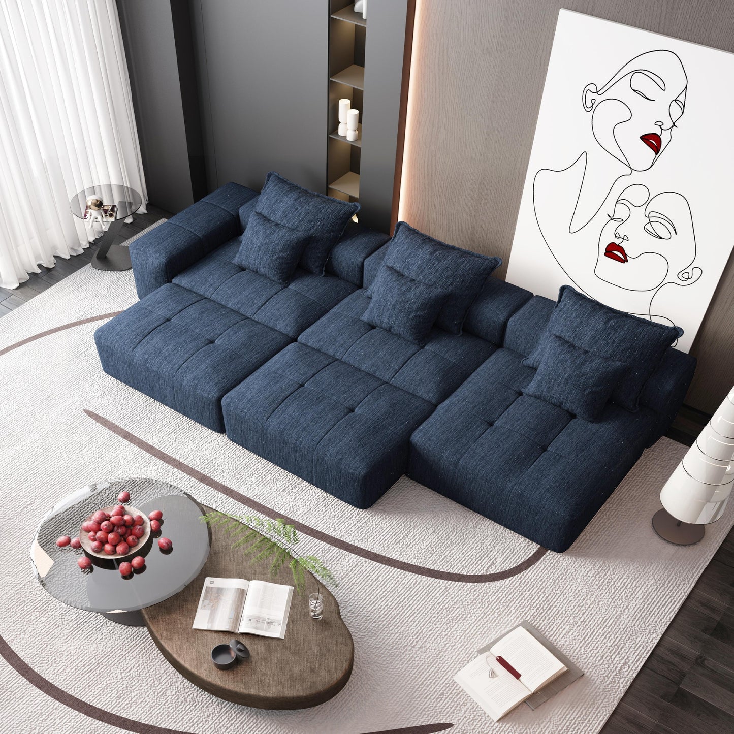 Modern Oversized Modular Sectional Sofa, Sparkling Chenille Fabric Soft Cushion Sofa With 6 Pillows, 6 Pieces Diy Combination Tufted Sofa, No Assembly Required - Blue