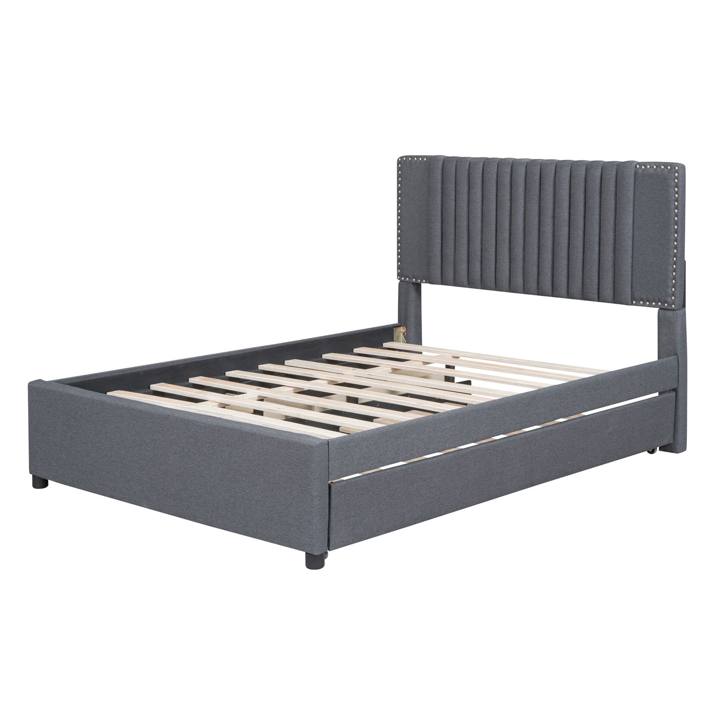Full Size Upholstered Platform Bed With 2 Drawers And 1 Twin Size Trundle, Classic Headboard Design - Gray