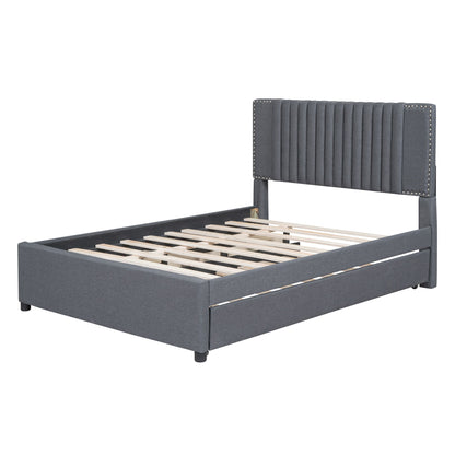 Full Size Upholstered Platform Bed With 2 Drawers And 1 Twin Size Trundle, Classic Headboard Design - Gray