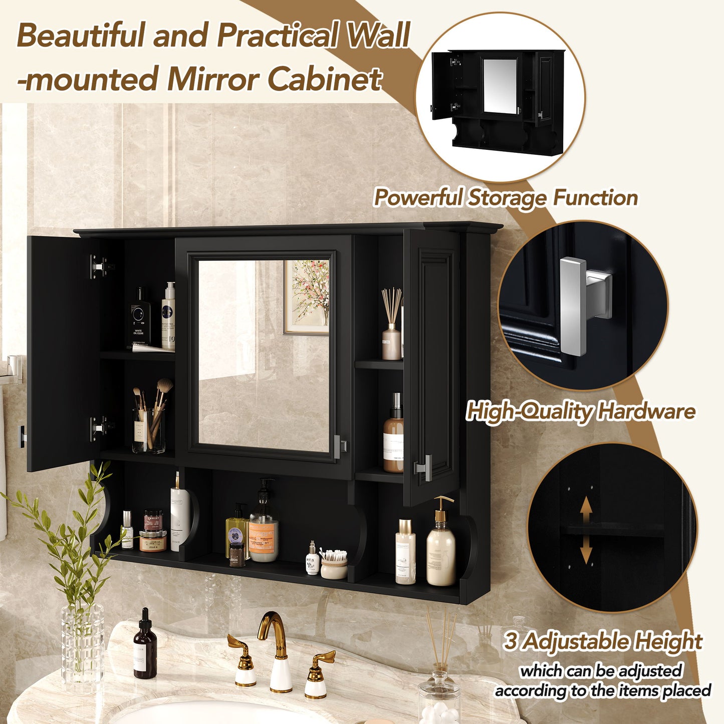 Wall Mounted Bathroom Medicine Cabinet, Modern Bathroom Wall Cabinet With Mirror, Mirror Cabinet With Open Shelves - Black