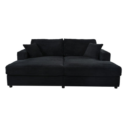 Oversized Loveseat Chaise Lounge Sectional Sofa Bed Corduroy Sleeper Sofa With 2 USB Ports, 2 Cup Holders And 2 Throw Pillows For Living Room And Bedroom - Black