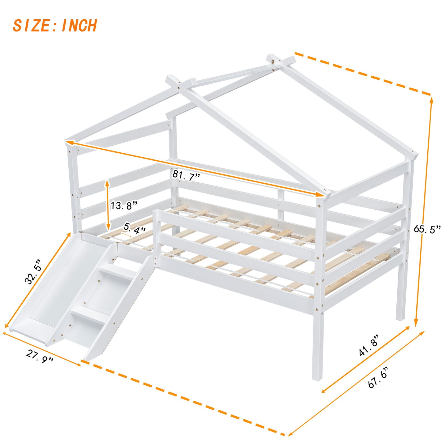 Twin Low Loft House Bed With Slide, Ladder, Safety Guardrails, House Roof Frame - White