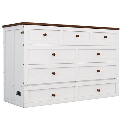 Queen Solid Pine Murphy Bed Chest With Charging Station And Large Storage Drawer For Home Office Or Small Room - White / Walnut