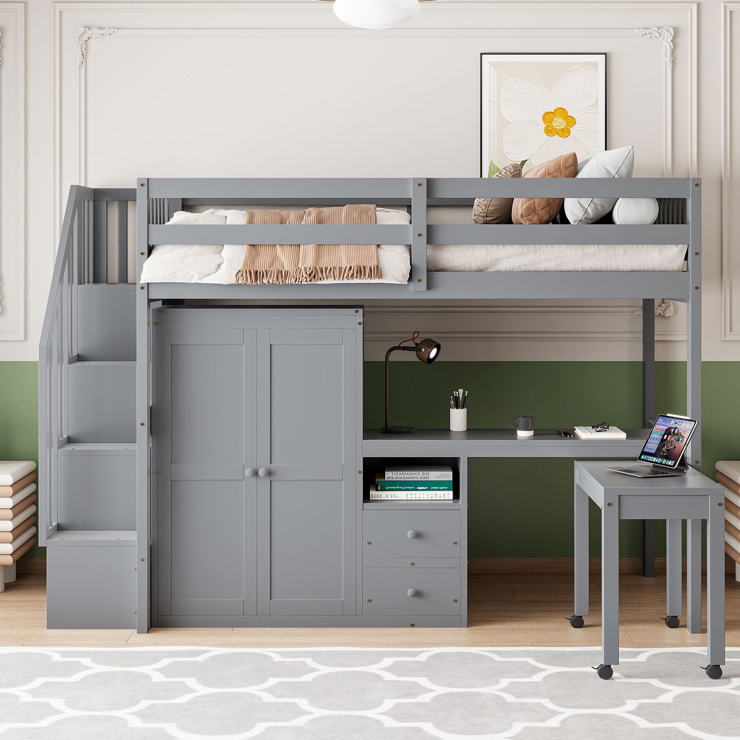 Twin Size Loft Bed With Stairs, Bookshelf, Drawers, Desk & Wardrobe, Space Saving Multifunctional Furniture - Gray