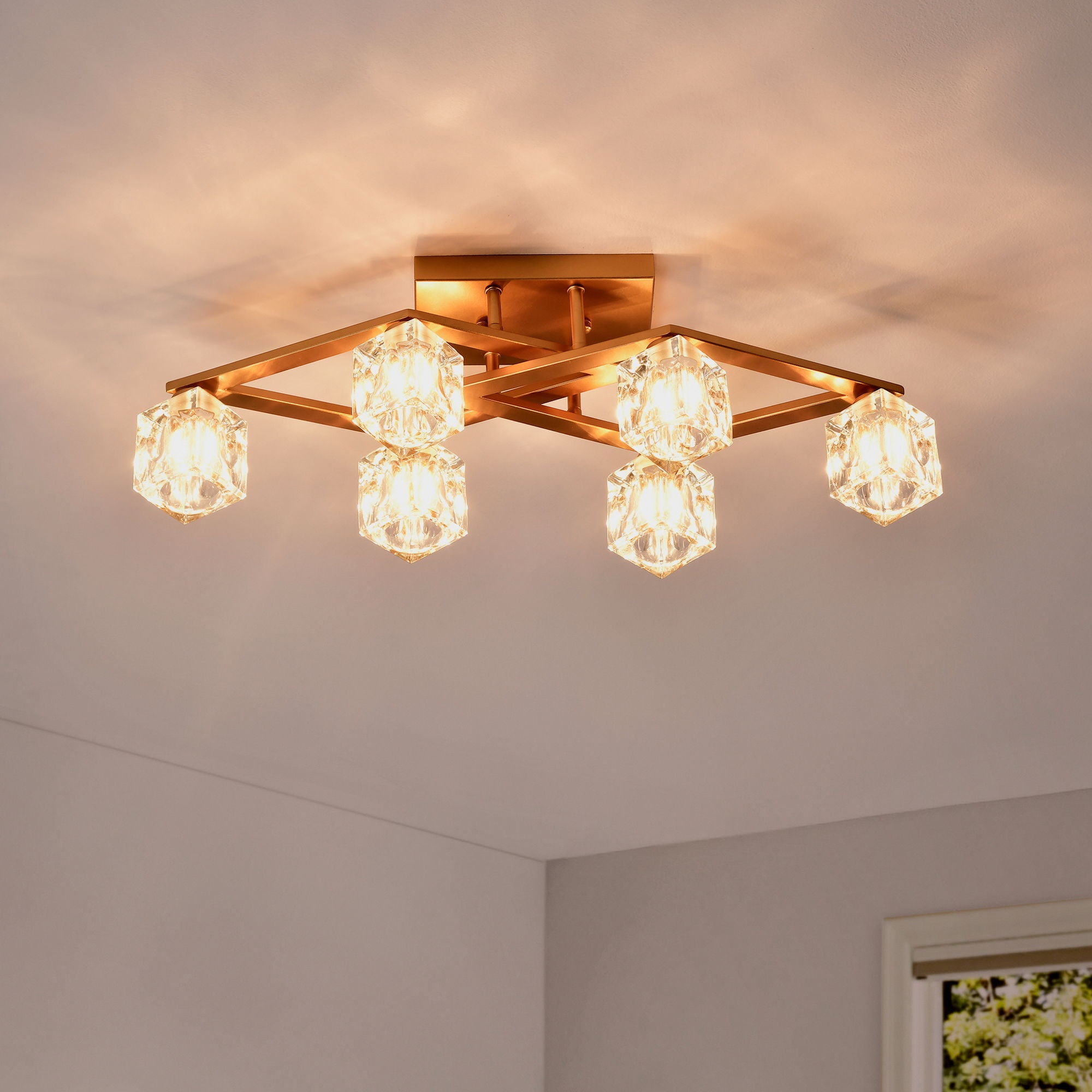 6 Light Crystal Ceiling Light For Dining Room, Modern Ceiling Lamp With Light Fixture For Entryway, Lobby, Kitchen, Bedroom, Living Room, Conference Room, (6*G9 Bulbs Included) - Gold
