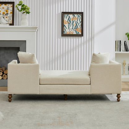 Chenille Upholstered Chaise Lounge With Nailheads, Sleeper Sofa Couch With 4 Throw Pillows & 2 Bolsters, Daybed With Rubberwood Legs - Beige