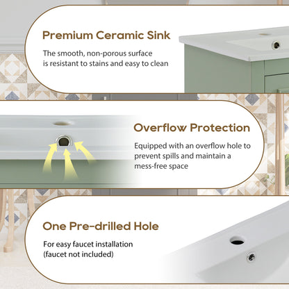 Modern Small Bathroom Vanity Cabinet With Ceramic Basin, Ample Storage, 1 Soft Close Door - Green
