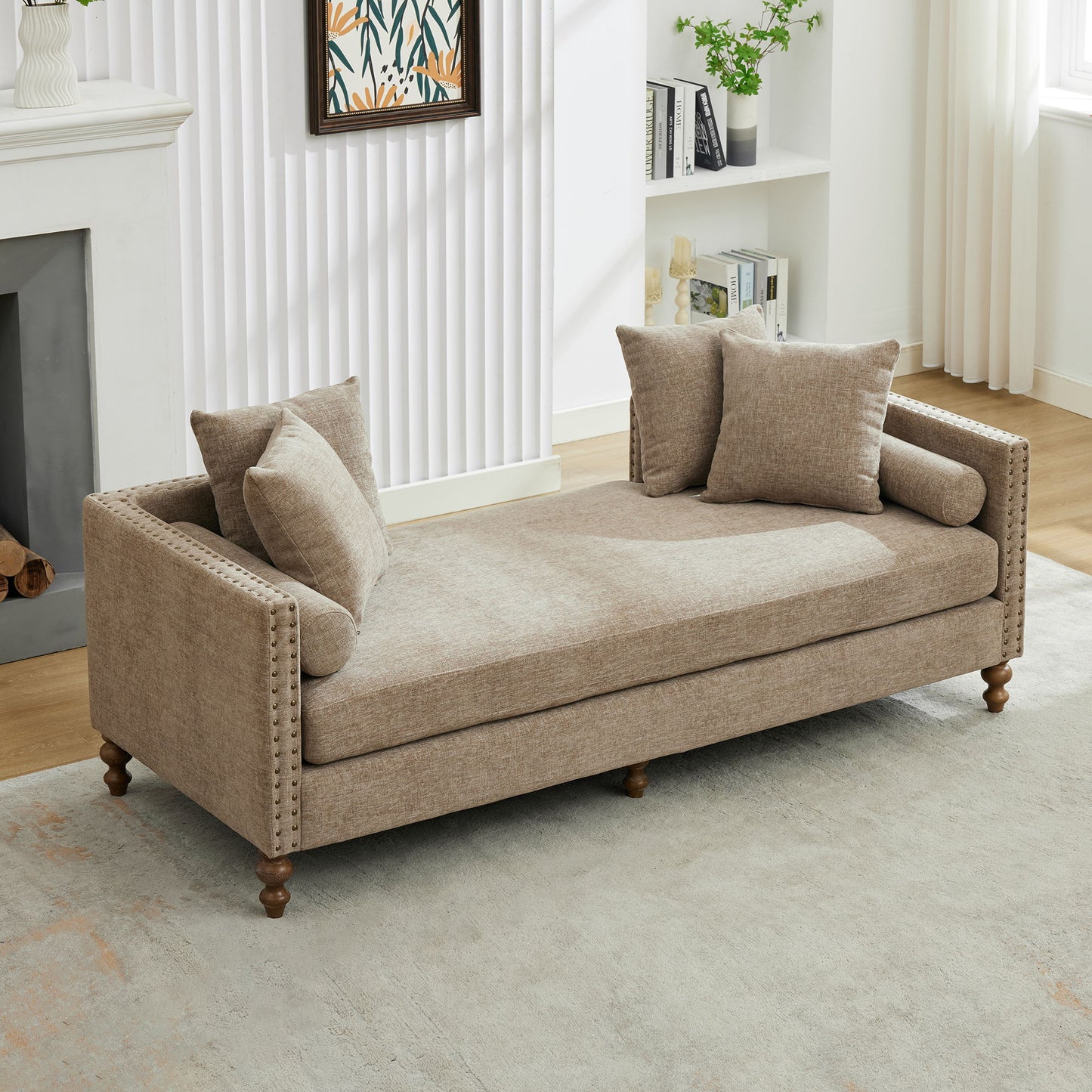 Upholstered Chaise Lounge Indoor With Nailheads, Sleeper Sofa Couch With 4 Throw Pillows & 2 Bolsters, Daybed With Rubberwood Legs - Taupe