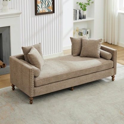 Upholstered Chaise Lounge Indoor With Nailheads, Sleeper Sofa Couch With 4 Throw Pillows & 2 Bolsters, Daybed With Rubberwood Legs - Taupe