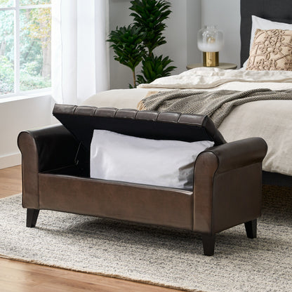 Hayes Contemporary Armed Storage Bench With Button Tufting - Brown