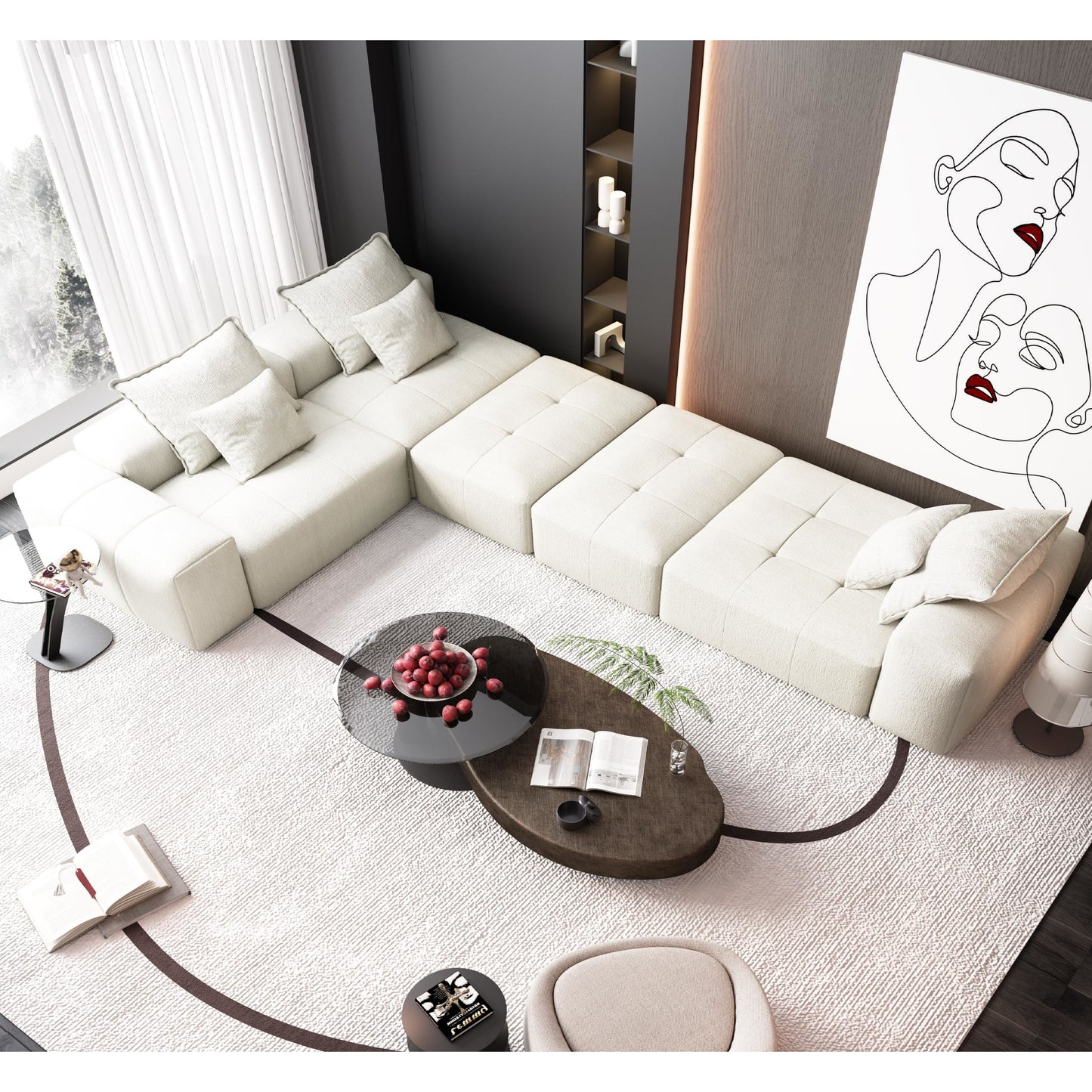 Modern Oversized Modular Sectional Sofa, Sparkling Chenille Fabric Soft Cushion Sofa With 6 Pillows, 6 Pieces Diy Combination Tufted Sofa, No Assembly Required - Beige