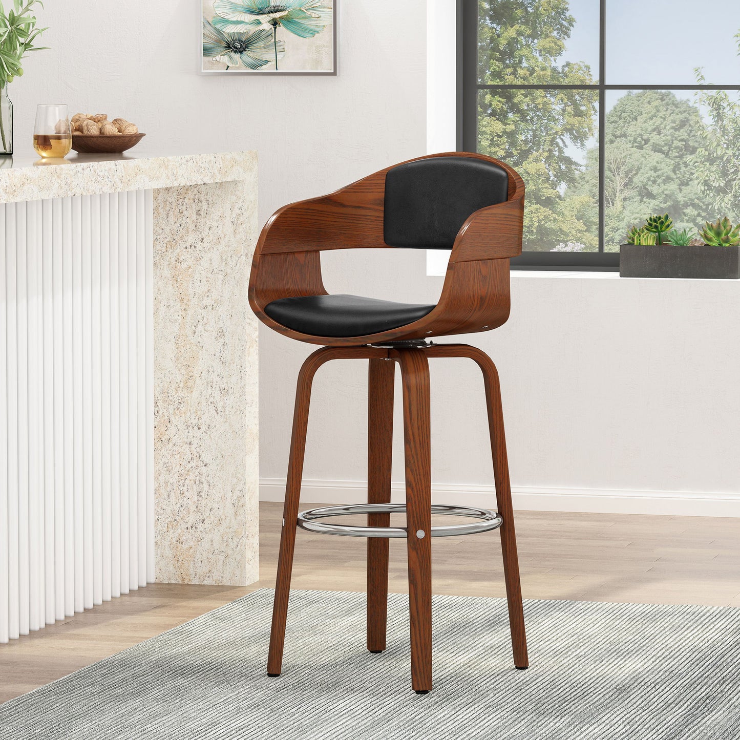 Upholstered Swivel Barstool With Wood Frame / Chrome Footrest - Walnut / Black