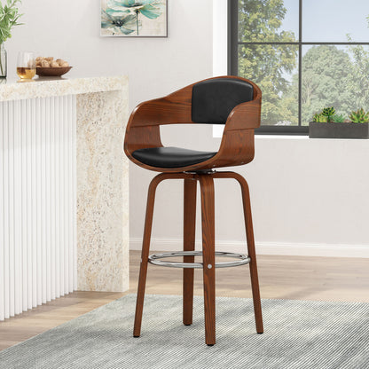 Upholstered Swivel Barstool With Wood Frame / Chrome Footrest - Walnut / Black