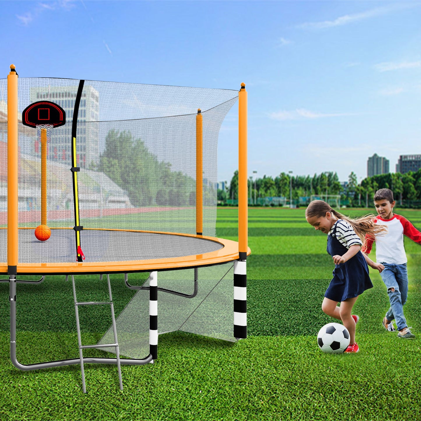 16Ft Trampoline With Basketball Hoop Pump And Ladder (Inner Safety Enclosure) With Soccer Goal - Orange