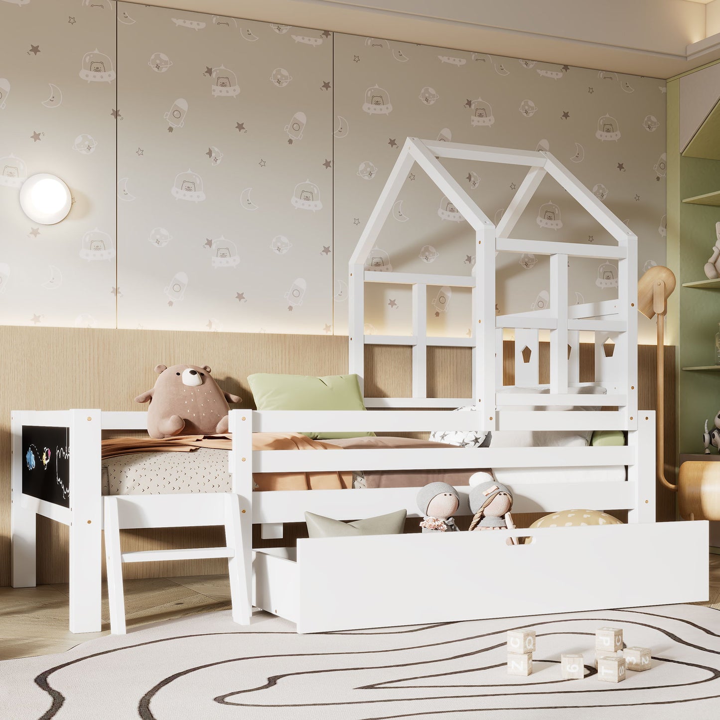 Full Size House Bed With Ladder And Storage Drawers Platform With Blackboard, No Box Spring - White