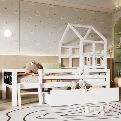 Full Size House Bed With Ladder And Storage Drawers Platform With Blackboard, No Box Spring - White