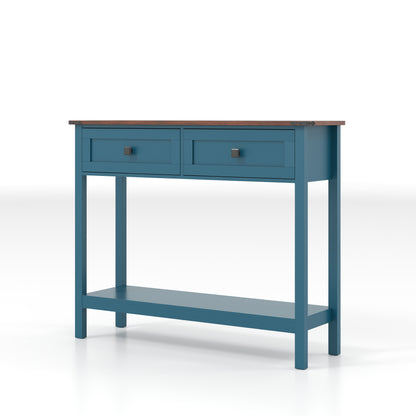 Farmhouse Style Console Table With 2 Drawers And Bottom Storage Shelf, Pagoda - Blue