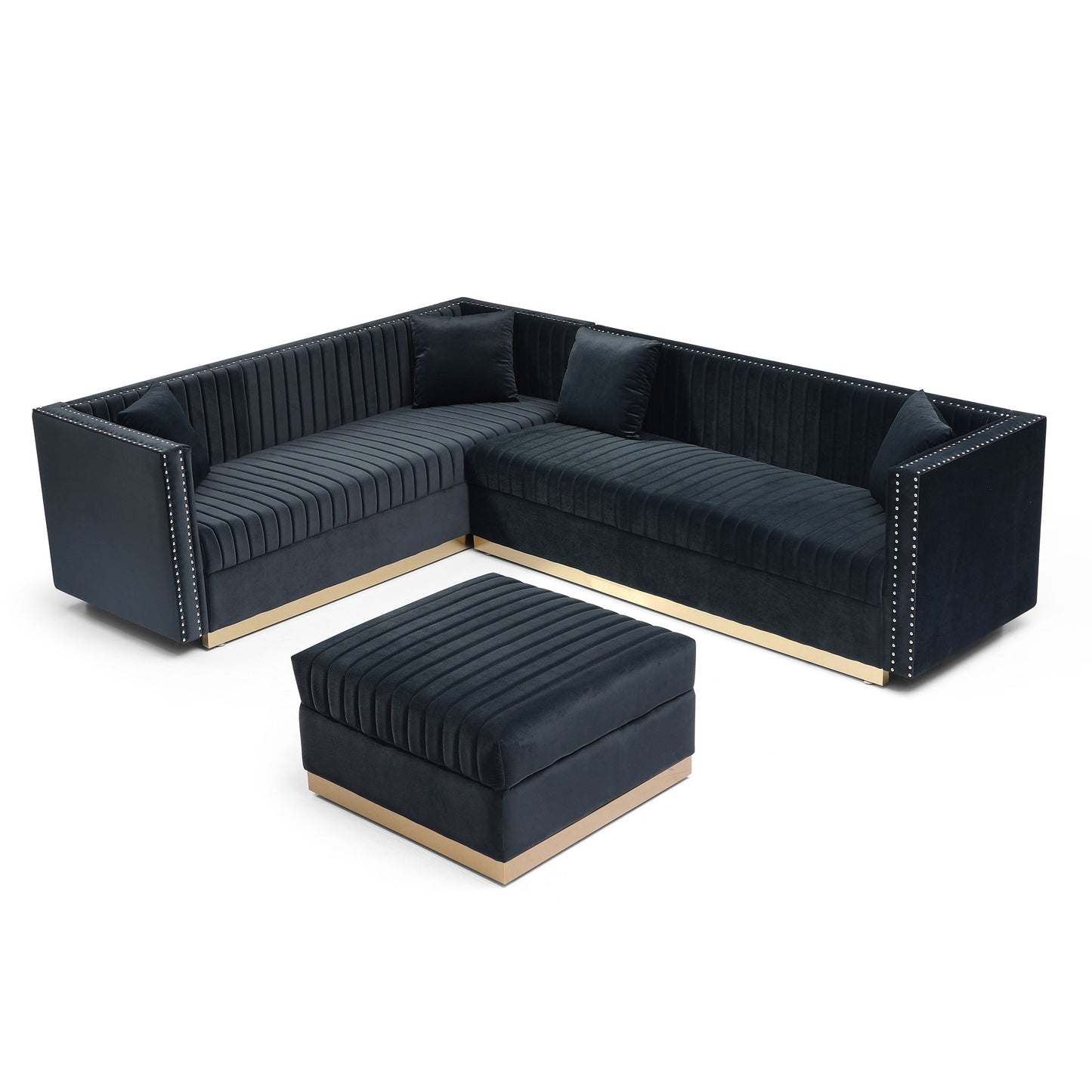 Contemporary Vertical Channel Tufted Velvet Sectional Sofa For Living Room Apartment With Ottoman And 4 Pillows - Black